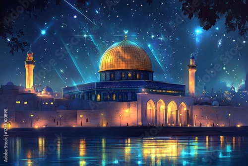 Vibrant Pastel Colored Wood Panel Background, Sun shining behind the Dome of the Rock.Dome of the Rock in Jerusalem, skyline, clear blue sky, golden cupola, square.The Dome of 