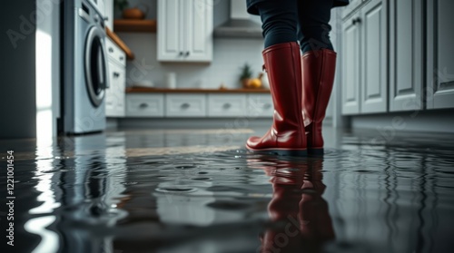 Flooded kitchen floor; person in red boots surveying the damage. Water damage and home emergency.
