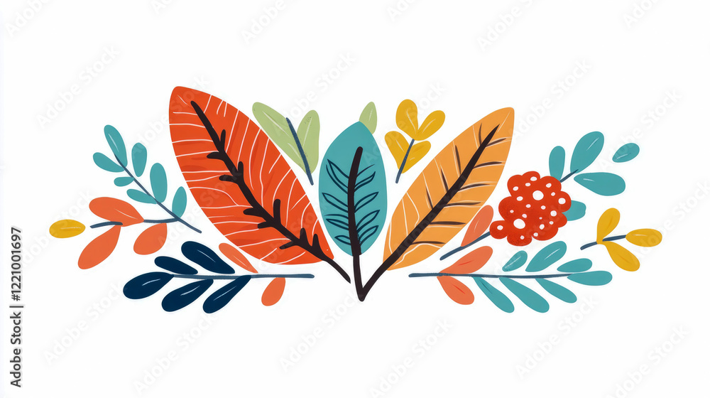 Fototapeta premium Autumnal Leaf and Floral Arrangement: A Colorful Botanical Illustration