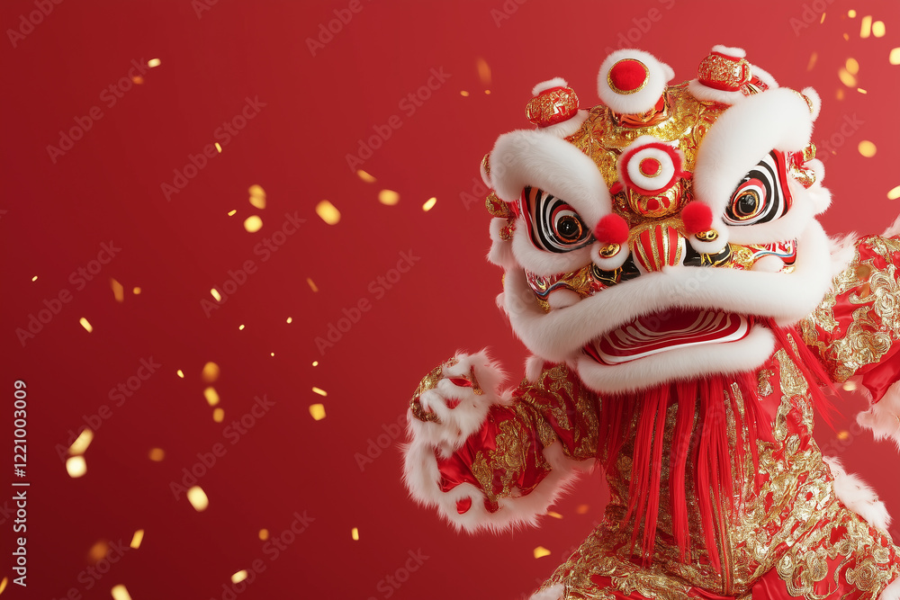 Obraz premium Elegant lion dancer in intricate gold and red costume leaps against a background 