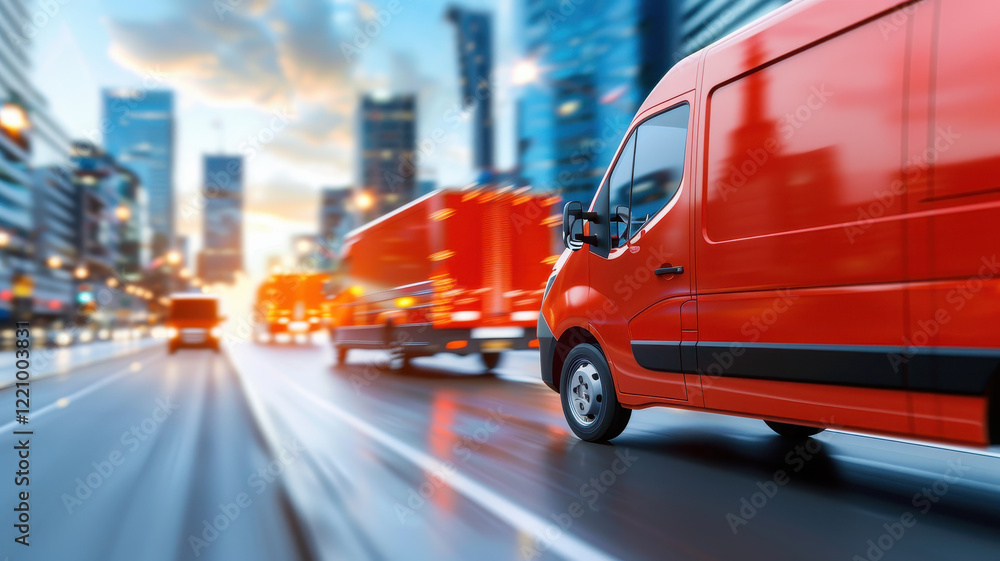 fleet of red delivery vehicles speeds through bustling downtown area, showcasing urban logistics and transportation efficiency fleet of red delivery vehicles speeds through bustling downtown area, showcasing urban logistics and transportation efficiency