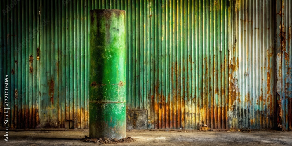 A weathered green metal column stands solitary against a backdrop of rusted corrugated iron sheeting, evoking a sense of aged industrial decay. A weathered green metal column stands solitary against a backdrop of rusted corrugated iron sheeting, evoking a sense of aged industrial decay.