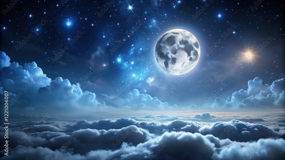 Serene Night Sky Above a Sea of Clouds with a Bright Moon and Sparkling Stars Serene Night Sky Above a Sea of Clouds with a Bright Moon and Sparkling Stars