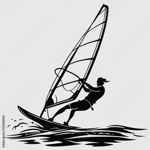 a windsurfer gliding on the wind silhouette vector design art and illustration