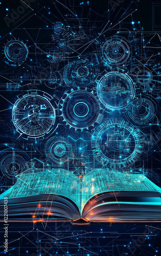 The Knowledge Frontier: An open book symbolizes knowledge and wisdom, from which a complex network of gears, circuits, and digital elements emerges.