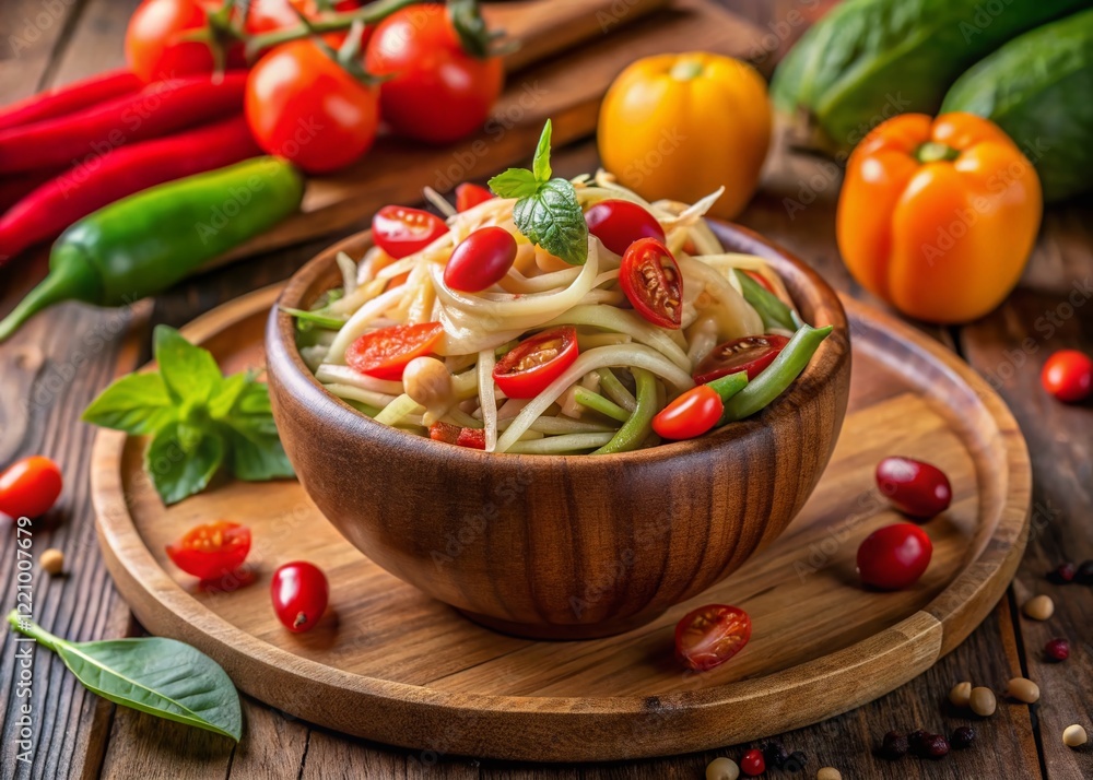Spicy Green Papaya Salad Som Tum - Authentic Thai Cuisine Stock Photo Spicy Green Papaya Salad Som Tum - Authentic Thai Cuisine Stock Photo