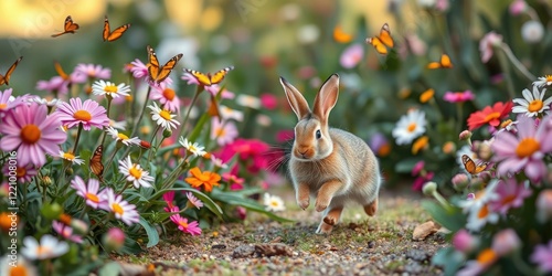 A little bunny hopping through a garden filled with blooming flowers and butterflies flying around it, stems, blooms, rabbits