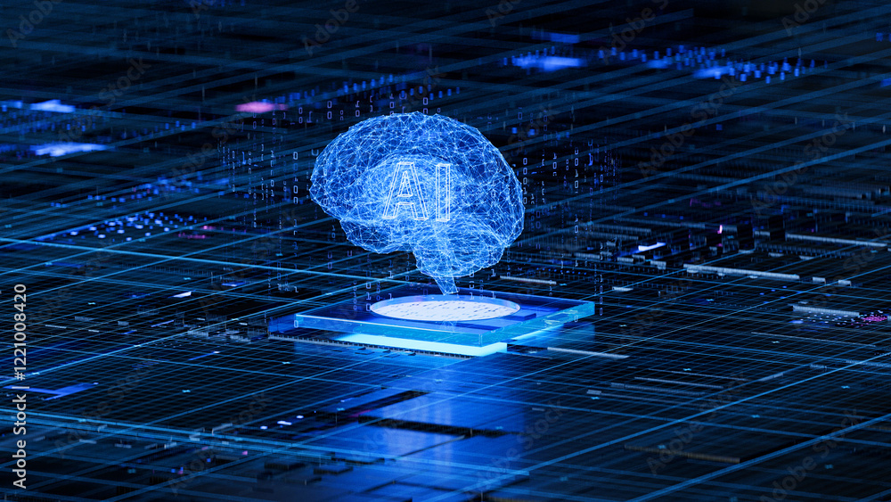 AI brain on circuit board symbolizes cognitive computing and technological intelligence. 3d rendering, conceptual image.