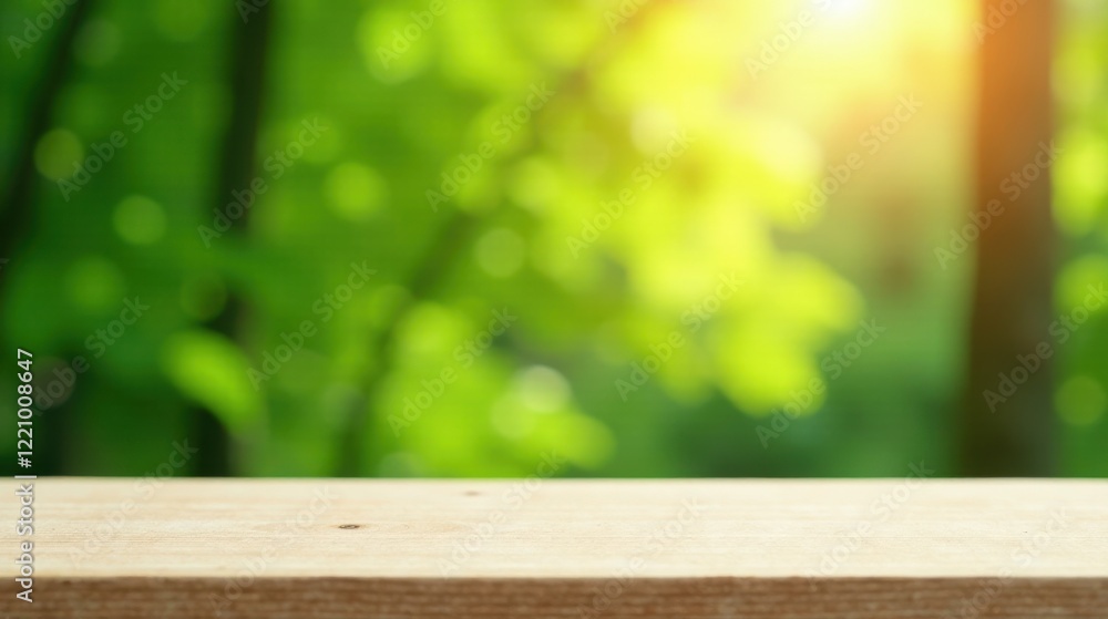 Serene Wooden Tabletop Against a Blurred Green Forest Background, Perfect for Product Displays or Nature-Themed Designs Serene Wooden Tabletop Against a Blurred Green Forest Background, Perfect for Product Displays or Nature-Themed Designs