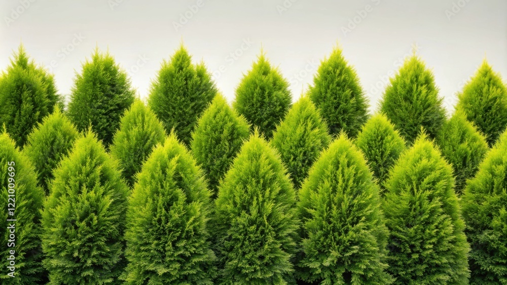 Vibrant Green Conical Evergreen Trees in a Lush Row Forming a Natural Fence Vibrant Green Conical Evergreen Trees in a Lush Row Forming a Natural Fence