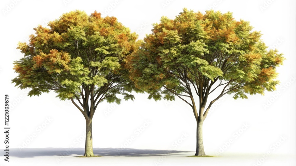Obraz premium A pair of vibrant deciduous trees, showcasing a blend of summer green and autumnal hues, standing tall against a pristine white background