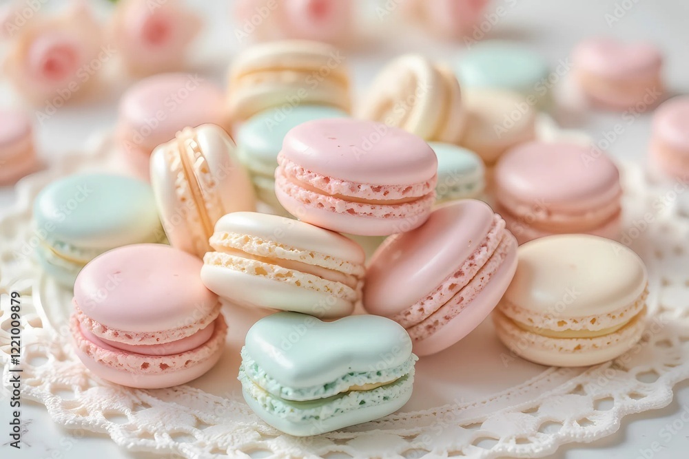 Pink macarons displayed on a plate, beautifully arranged in a circle with creamy white filling visible for a delightful treat Pink macarons displayed on a plate, beautifully arranged in a circle with creamy white filling visible for a delightful treat