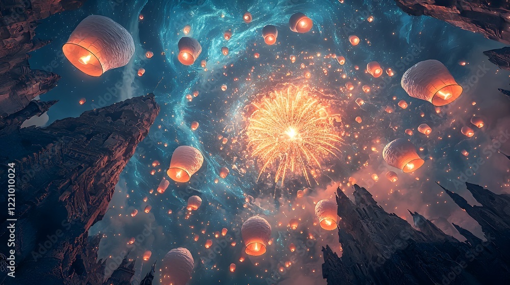 Fototapeta premium Intricate Firework Display Creating Geometric Patterns Against Glowing Lanterns in Vibrant Pink and Blue Tones