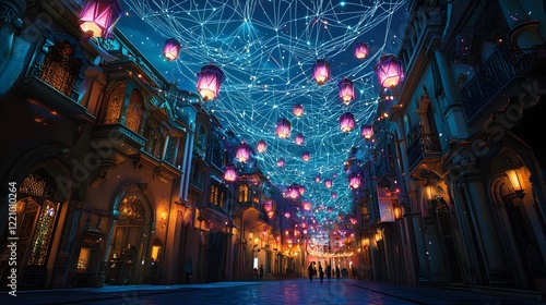 Wallpaper Mural Magical Firework Display with Glowing Lanterns and Geometric Patterns in the City Nightscape Torontodigital.ca