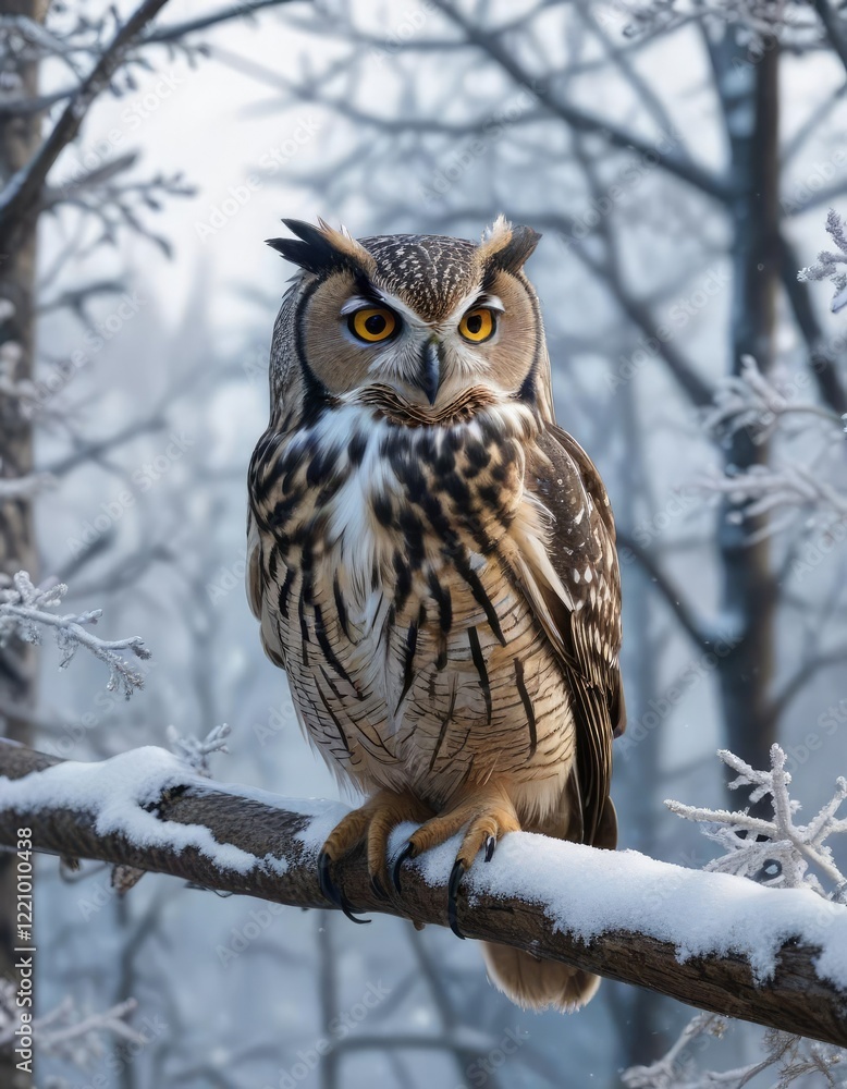 A majestic owl perched on a snow-covered tree branch with frosty window panes in the background, festive atmosphere, winter scene A majestic owl perched on a snow-covered tree branch with frosty window panes in the background, festive atmosphere, winter scene