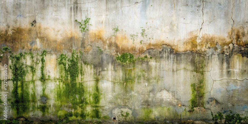 Naklejka premium Weathered Wall Texture Aged Concrete Surface with Green Algae Growth and Cracks