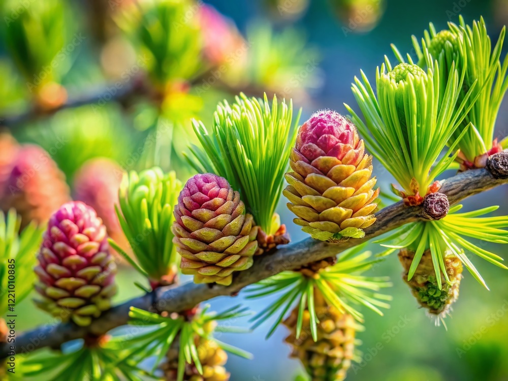Springtime European Larch Closeup: Delicate Foliage & Young Cones - Tilt-Shift Photography Springtime European Larch Closeup: Delicate Foliage & Young Cones - Tilt-Shift Photography