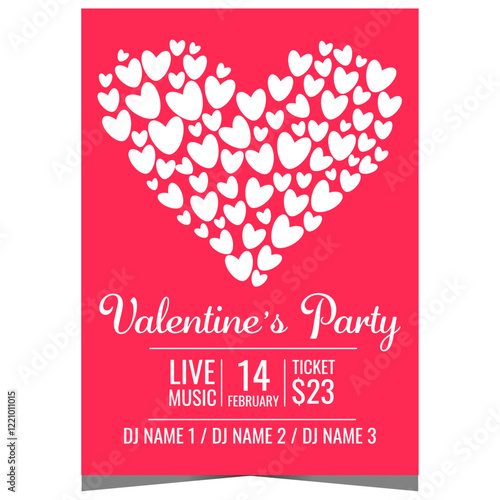 Valentine's party invitation banner or poster decorated with cute white hearts on a delicate red background. Leaflet or flyer for disco dance event to celebrate the Saint Valentine Day on February 14.