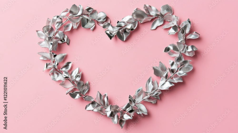 Obraz premium Heart-shaped silver ribbon border on pink background. Greeting card mockup for valentine's day, birthday, or mother's day. Love concept. Flat lay