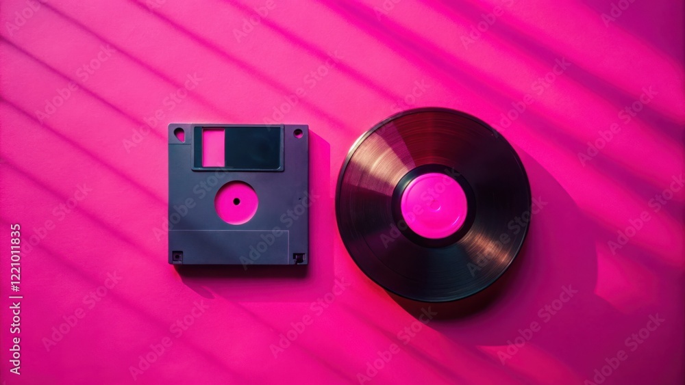 A vibrant pink background showcases the contrast between a vintage floppy disk and a vinyl record, symbolizing the evolution of audio and data storage A vibrant pink background showcases the contrast between a vintage floppy disk and a vinyl record, symbolizing the evolution of audio and data storage