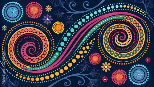 Vibrant Aboriginal-Inspired Abstract Dot Art Background with Colorful Circles and Patterns