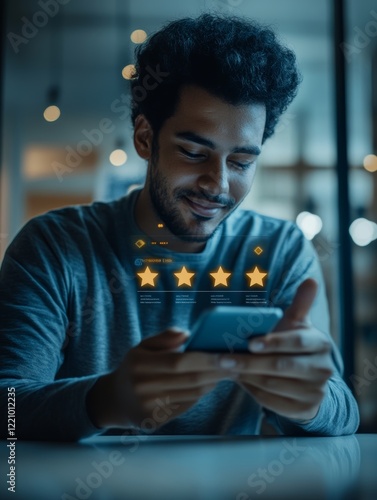 A person using smartphone with glowing five-star rating system, representing customer feedback and digital review 4