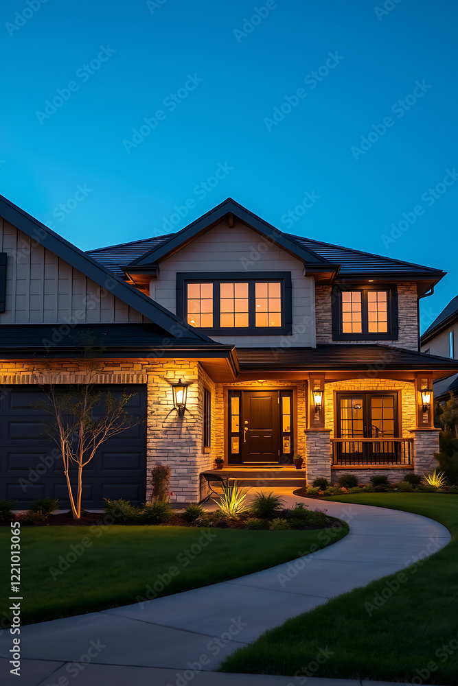 Luxury Home Exterior at Night: Modern Architecture, Brick Facade, and Landscaped Lawn Luxury Home Exterior at Night: Modern Architecture, Brick Facade, and Landscaped Lawn