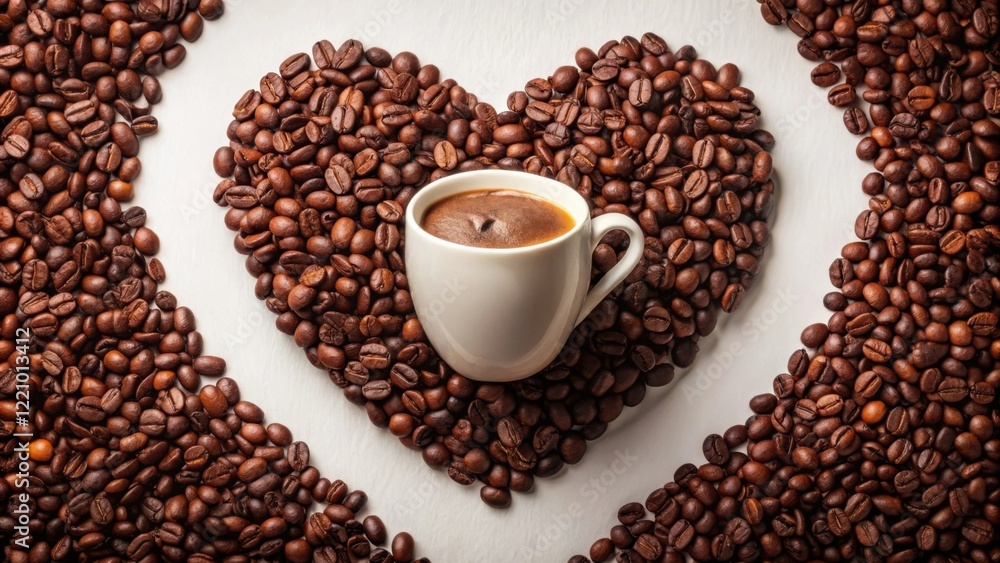 Aromatic Coffee Beans Forming a Heart Shape with a Cup of Espresso in the Center Aromatic Coffee Beans Forming a Heart Shape with a Cup of Espresso in the Center