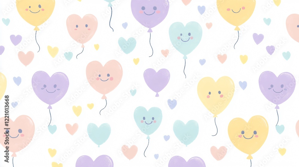 Adorable Background with Soft Pastel Hearts Balloons and Smiling Faces in a Playful Scattered Pattern Adorable Background with Soft Pastel Hearts Balloons and Smiling Faces in a Playful Scattered Pattern