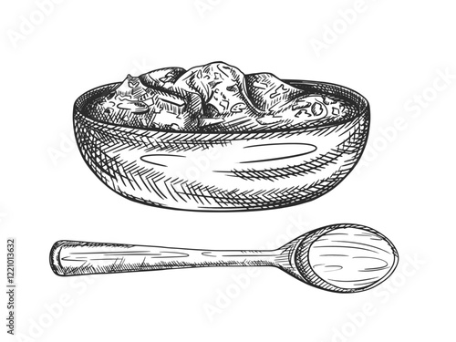 Vector set illustration wooden texture plate, spoon. Kitchen utensils, tools, dishes, home decor. Retro old cutlery Hand drawn illustration in line art style painted in black ink, isolated background