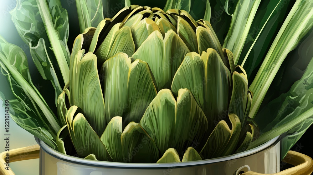 Obraz premium beautiful illustration of an artichoke steaming in a pot, releasing its rich green aroma, showing the benefits of steaming for preserving nutrients. Artichoke Superfood 