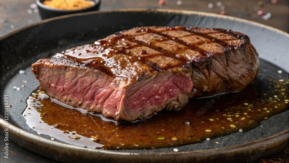 A perfectly cooked steak lies on a dark plate surrounded by a halo of savory juices and aromas with a hint of sizzling heat, savory, sizzlingsteak, food, blackplate, juicy A perfectly cooked steak lies on a dark plate surrounded by a halo of savory juices and aromas with a hint of sizzling heat, savory, sizzlingsteak, food, blackplate, juicy