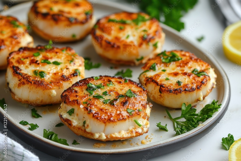 A beautifully plated dish featuring grilled scallops with a rich, creamy cheese topping, garnished with fresh parsley and a slice of lemon, all set on a white surface A beautifully plated dish featuring grilled scallops with a rich, creamy cheese topping, garnished with fresh parsley and a slice of lemon, all set on a white surface