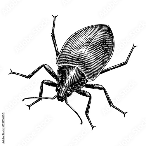 Detailed Black and White Bug Insect Isolated Engrave Outline Line Art Drawing of a Bed Bug