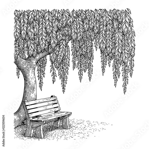 Bench Under Weeping Willow Tree Detailed Black and White Outline Line Art Drawing