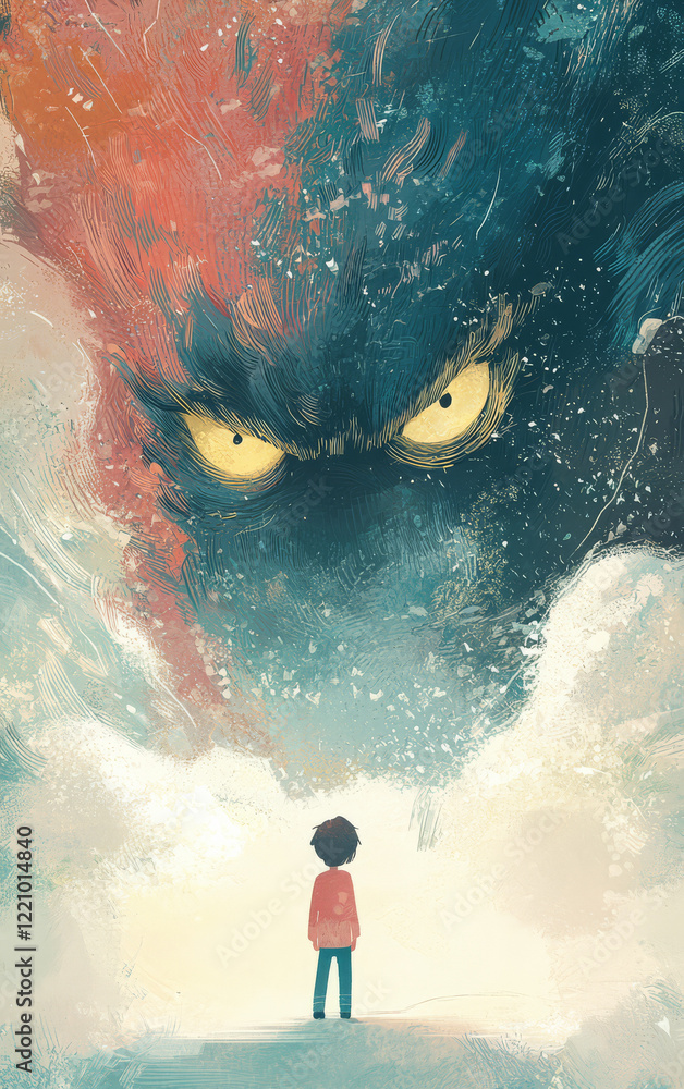 Fototapeta premium A Gaze of Confrontation: A small figure stands at the foot of an ominous, giant monster with piercing eyes, setting a tone of surreal and powerful artistic narrative