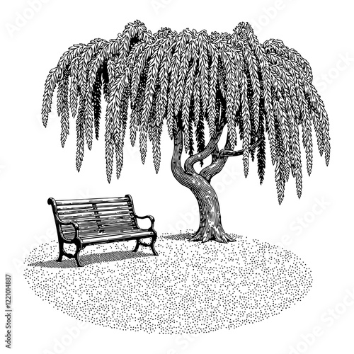 A Bench under Weeping Willow Tree Detailed Black and White Outline Line Art Drawing