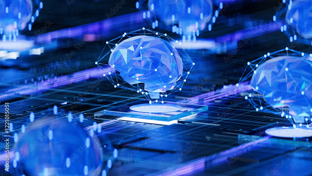 AI brain on circuit board symbolizes cognitive computing and technological intelligence. 3d rendering, conceptual image.