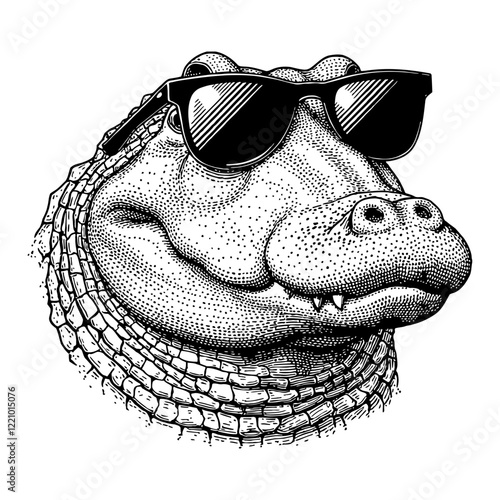 Crocodile Head Portrait with Sunglasses Black and White Outline Line Art Drawing