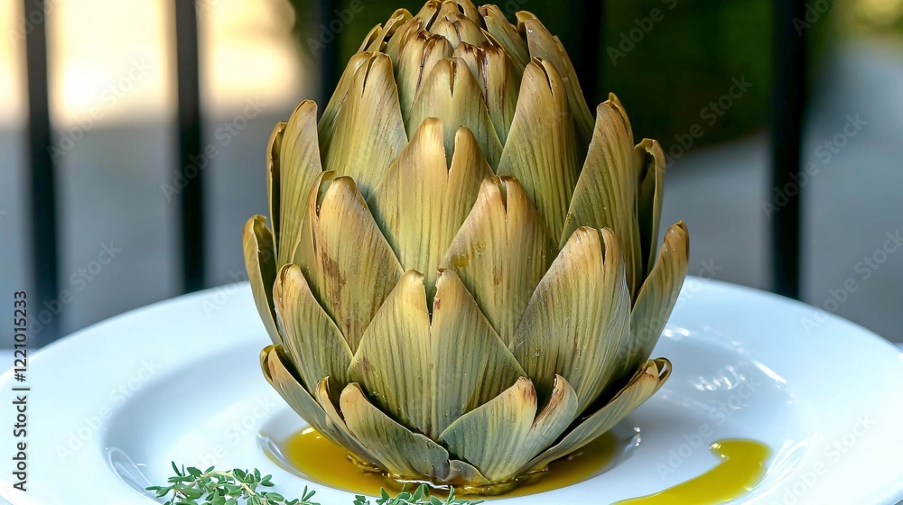 Obraz premium beautifully plated artichoke dish with a drizzle of olive oil and herbs, highlighting its status as a low-calorie, high-fiber superfood for healthy eating. Artichoke Superfood 