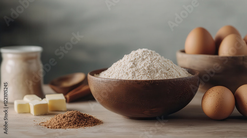 Fresh ingredients for baking, including flour, eggs, butter, and sugar, arranged beautifully. Perfect for culinary creations and baking enthusiasts photo