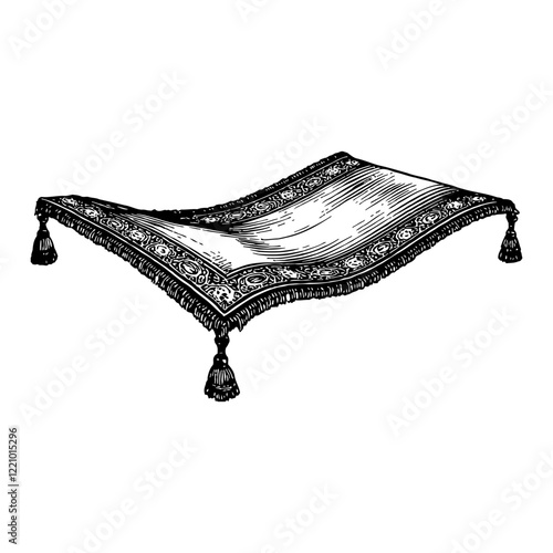Flying Magic Carpet in Detailed Black and White Outline Line Art Drawing with Tassels