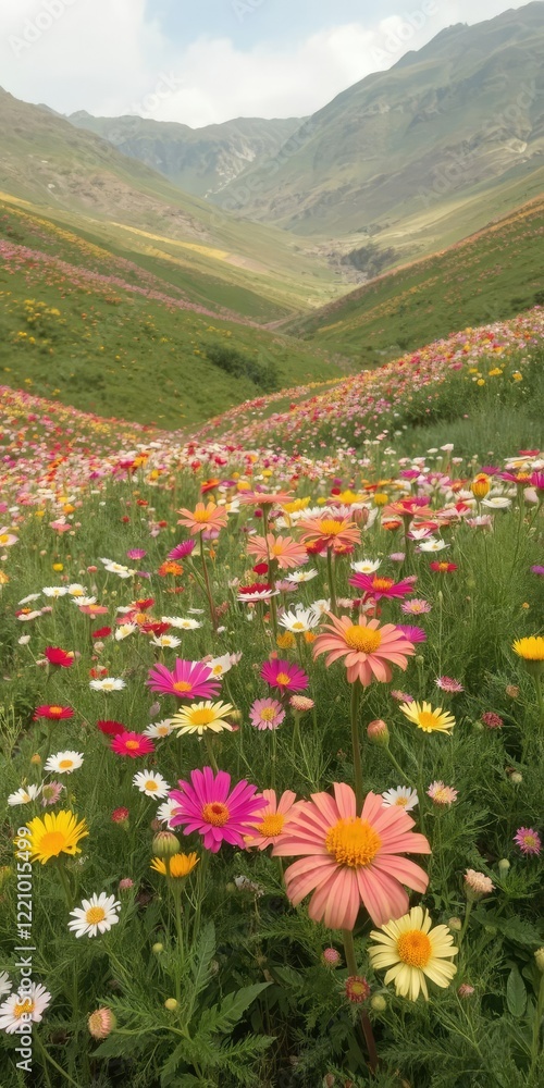 Fototapeta premium A picturesque valley filled with blooming flowers in vibrant colors, botany, plants
