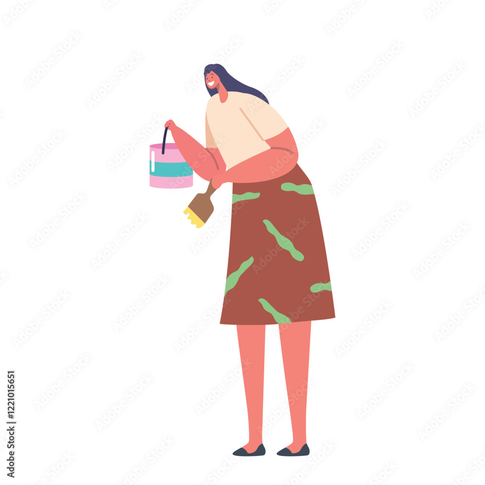 Female with Roll and Bucket Painting Wall or Decorate Home Isolated on White Background. Woman Doing Renovation Works Female with Roll and Bucket Painting Wall or Decorate Home Isolated on White Background. Woman Doing Renovation Works