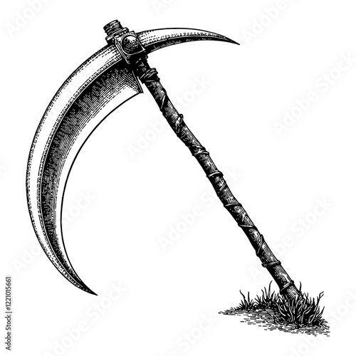 Detailed Scythe with Wooden Handle in Black and White Outline Line Art Drawing of a Weapon