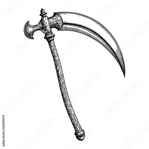 Giant Scythe Weapon with Detailed Handle Black and White Outline Line Art Drawing