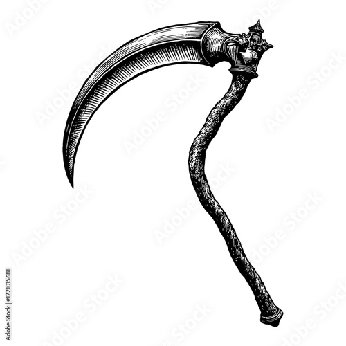 Giant Scythe with Detailed Ornament in Black and White Outline Line Art Drawing Isolated