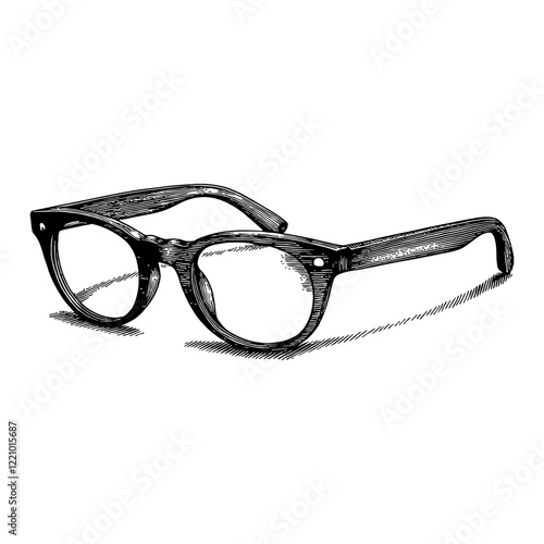Detailed Eye Glasses with Frame in Black and White Outline Line Art Drawing Isolated