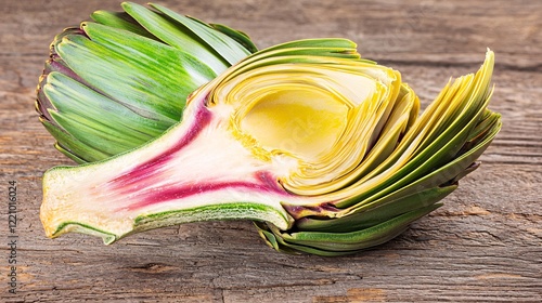 cooked artichoke with its tender leaves peeled back to reveal the heart, symbolizing the natural, nutrient-dense part of the vegetable that promotes digestion. Artichoke Superfood  photo