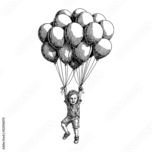 Boy Flying with Many Balloons Detailed Black and White Outline Line Art Drawing